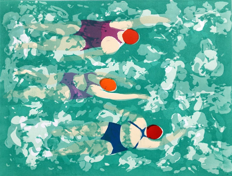 Big Swim Again ' Original Linocut Print three ladies swimming in a green sea wall art image 1