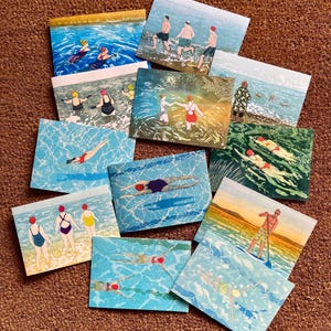 Pack C of 12 Greetings cards from original Swimming Linocuts by Drusilla Cole
