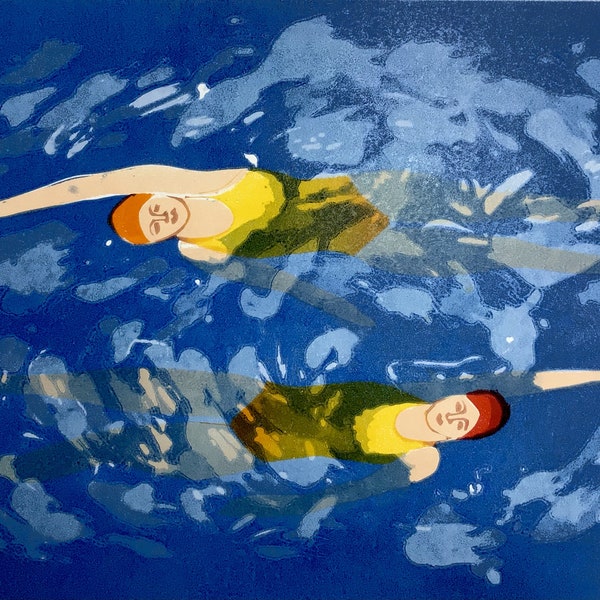 Back & Forth  Original Linocut Print, two ladies swimming backstroke in blue sea