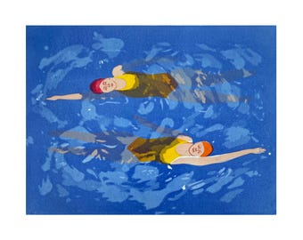 Back & Forth  Limited edition Print, two ladies swimming backstroke in blue sea