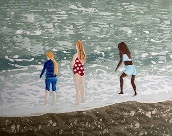 Paddling original Linocut three people at the edge of the sea