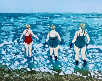 On the Edge original Linocut print wall art athree ladies going swimming