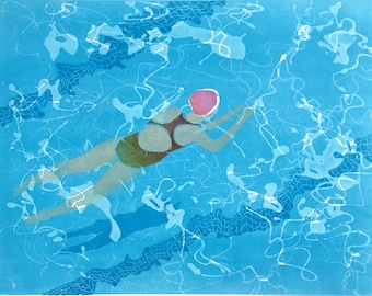 Nadando en una piscina azul, Original Linocut Print nadador único haciendo braza en una piscina azul