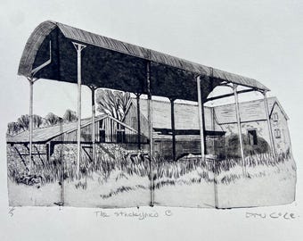 The Stackyard hand inked Original Drypoint etching Tetrapak wall art black and white