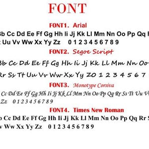 May include: A white background displays four font examples: Arial, Segoe Script, Monotype Corsiva, and Times New Roman. Each font is shown with the alphabet and numbers 0-9, demonstrating their appearance.