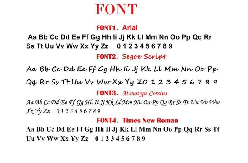 May include: A white background displays four font examples: Arial, Segoe Script, Monotype Corsiva, and Times New Roman. Each font is shown with the alphabet and numbers 0-9, demonstrating their appearance.