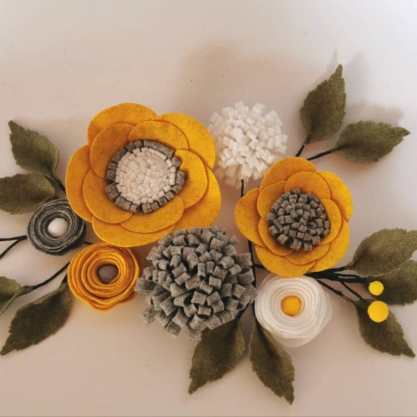 Mustard Gray and White Felt Flowers Set.