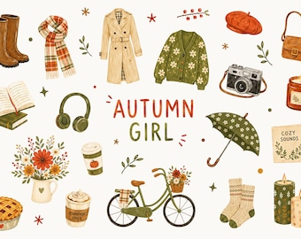 Cozy Autumn Girl Clipart, Fall Lifestyle PNG, Bookish Autumn, Pumpkin Spice, Fall Fashion, Cottagecore Girl Stickers