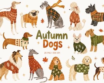 Autumn Dogs Clipart, Cozy Watercolor Pets, Fall Sweater Puppies PNG, Cute Canine Illustrations for Dog Lovers