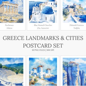 Set de postales de Grecia: Monumentos y ciudades griegas en acuarela — Recuerdo de viaje — Postales griegas imprimibles — Descarga digital
