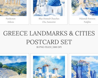Set di cartoline della Grecia — Monumenti e città della Grecia in acquerello — Souvenir di viaggio — Cartoline greche stampabili — Download digitale