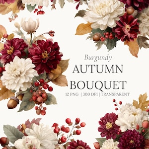 Burgundy Autumn Bouquet Clipart: Watercolor Fall Flowers (Digital Download)