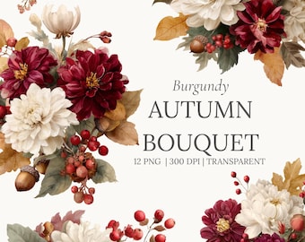 Burgundy Autumn Bouquet Clipart: Watercolor Fall Flowers (Digital Download)