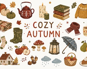 Cozy Autumn Clipart Set, Fall Cottage Lifestyle Illustrations, Sweaters Books Pumpkins, Cottagecore PNG
