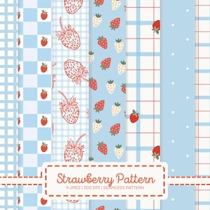 Strawberry Seamless Pattern, Gingham Digital Paper, Blue Polka Dot, Cottagecore Scrapbook, Baby Nursery Wallpaper