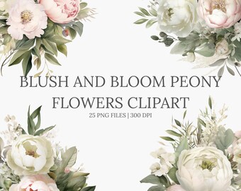 Watercolor Peony Bouquet Clipart: Blush & Ivory Wedding Florals (PNG Digital Download)