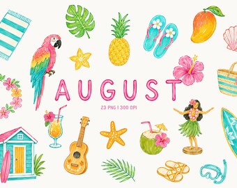 Tropical Summer Clipart, Hawaii PNG, Luau Party Clipart, Beach Vacation, Aloha, Planner Stickers