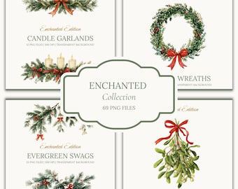 May include: A collection of watercolor Christmas graphics, including candle garlands, wreaths, evergreen swags, and mistletoe charms. Each design features festive greenery, red bows, and elegant text. The collection includes 69 PNG files.