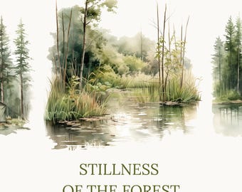 Aquarel bos clipart: rustiek meer en bomen png (digitale download)