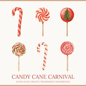Christmas Candy Cane Clipart, Peppermint & Lollipop PNG Set, Watercolor Holiday Candy, Red Green Sweets