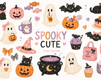 Pink Halloween Clipart, Spooky Cute Ghost PNG, Kawaii Black Cat Pumpkin, Coquette Witchy Sweets, Girly Trick or Treat
