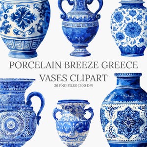 Clipart vase grec – 26 PNG bleus | Poterie aquarelle, vases en porcelaine, céramiques de la Grèce antique pour sublimation, autocollants, produits à imprimer