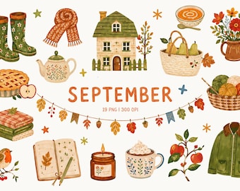 September Days Clipart, Cozy Autumn Lifestyle PNG, Cottagecore Country Living, Fall Journal Clipart, Apple Harvest & Cozy Home Elements