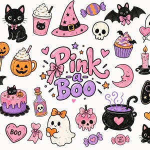 Könnte beinhalten: Eine Sammlung von Halloween-Aufklebern mit schwarzen Katzen, Geistern mit Schleifen, Kürbissen, einem Hexenhut, einem Kessel, einem Zauberbuch mit der Aufschrift Spells, einem Trankfläschchen mit der Aufschrift Love Potion und dem Text Pink a Boo.