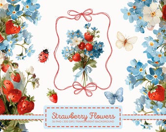 Strawberry Floral Clipart, Watercolor Red Bouquet PNG, Blue Flowers, Botanical Frame, Wedding Invitation Elements