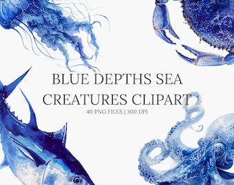 Watercolor Sea Creatures Clipart – Ocean Animals PNGs (Digital Download)