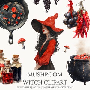 Watercolor Halloween Clipart, Autumn Witch PNG, Watercolor Spooky Clip Art, Cozy Fall Cottagecore Aesthetic, Digital Download Commercial Use