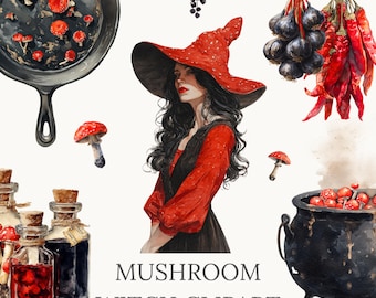 Watercolor Halloween Clipart: Witchy Autumn PNG Graphics (Digital Download)