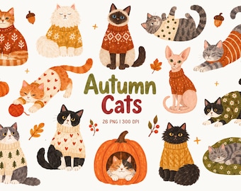 Autumn Cats Clipart, Cozy Watercolor Kittens, Fall Feline PNG, Cute Cottagecore Pets, Whimsical Seasonal Illustrations