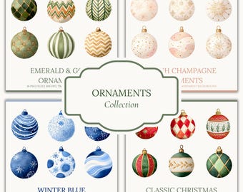 May include: A collection of watercolor Christmas ornaments in various styles and colors. The image includes emerald green, champagne, winter blue, and classic Christmas ornaments. The text on the image reads "Emerald & Green Ornaments", "Champagne Ornaments", "Winter Blue Ornaments", and "Classic Christmas Ornaments".