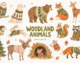 Autumn Woodland Animals Clipart, Cozy Forest Watercolor PNG, Fall Woodland Clipart, Nursery Animal Illustrations
