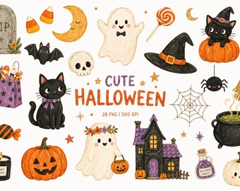 Cute Halloween Clipart, Whimsical Spooky PNG, Ghost Black Cat Pumpkin, Haunted House Witch, Trick or Treat Illustrations