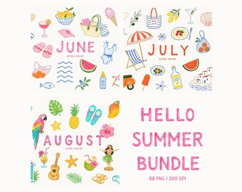 Summer Clipart Bundle, June July August PNG, Tropical Beach Clipart, Italian Summer, Hawaii Clipart, Vacation Graphics