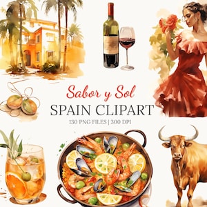 Könnte beinhalten: Aquarell-Illustration mit spanischen Themen. Enthält eine Weinflasche, ein Glas Rotwein, eine Frau in einem roten Kleid, einen Stier, eine Paella und einen Cocktail. Der Text lautet "Sabor y Sol Spain Clipart".