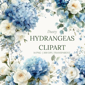 Puede incluir: Clipart floral acuarela con hortensias azules y rosas blancas. El texto "Dusty Hydrangeas Clipart" se muestra en verde. La imagen incluye 14 archivos PNG a 300 DPI con fondo transparente.