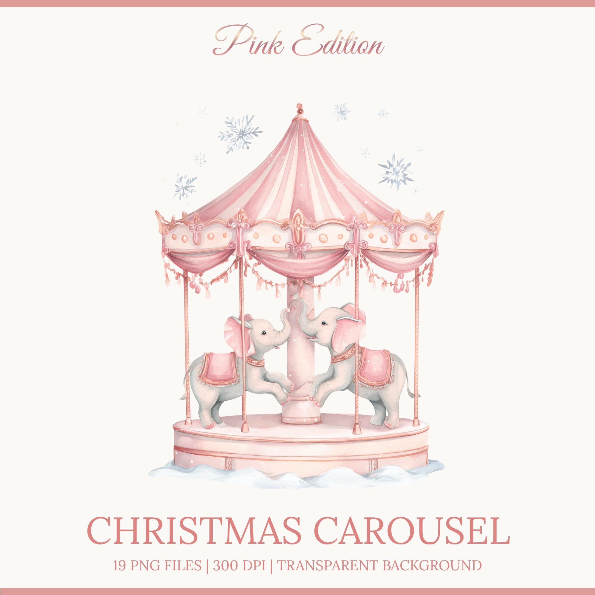 Pink Merry Go Round Christmas Carousel Clipart, Watercolor Pink Merry-go-round PNG ...