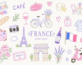 France Clipart, Paris Aesthetic PNG, French Summer, Provence Lavender, Eiffel Tower, Bicycle Baguette, French Travel Icons