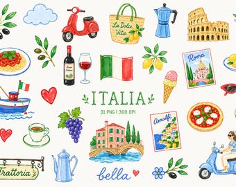 Italy Clipart, Dolce Vita PNG, Italian Summer, Amalfi Coast Art, Rome Aesthetic, Vespa Scooter, Mediterranean Travel Graphics