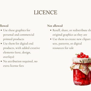 May include: Image with the word "LICENCE" at the top. The left side lists what is allowed, including using graphics for personal and commercial products. The right side lists what is not allowed, such as reselling the original graphics. A jar of red cherries is at the bottom.