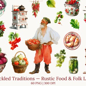 May include: Watercolor illustration featuring a man with a basket of tomatoes, surrounded by various rustic food items. Includes a small stove, baskets of produce, jars of pickles, and a slice of bread with jam. The text reads "Pickled Traditions - Rustic Food & Folk Life".
