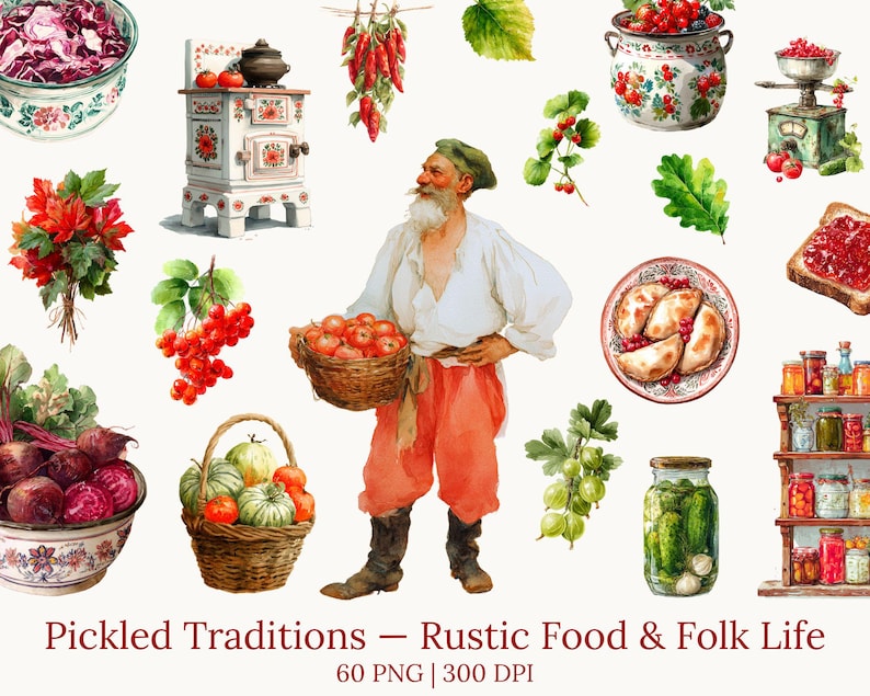 May include: Watercolor illustration featuring a man with a basket of tomatoes, surrounded by various rustic food items. Includes a small stove, baskets of produce, jars of pickles, and a slice of bread with jam. The text reads "Pickled Traditions - Rustic Food & Folk Life".