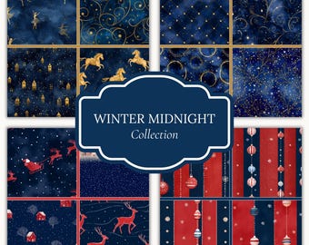 Christmas Digital Paper, Seamless Christmas Patterns, Winter Wrapping Paper, Navy Blue Gold Holiday Backgrounds, Nordic Christmas Bundle