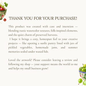 May include: Watercolor illustration with text "THANK YOU FOR YOUR PURCHASE!". The image features bowls of gooseberries and cherries. The text describes the artwork's rustic watercolor textures and folk-inspired elements.