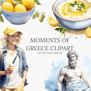 Greece Clipart Set | Watercolor Greek Landmarks, Food, People, Souvenirs | Rustic Travel Clipart | Greek Aesthetic | Greece PNG