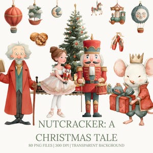 Clipart di Schiaccianoci di Natale carino, ballerina acquerello, re dei topi, soldato, giostra e giocattoli natalizi PNG