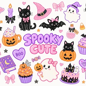 Spooky schattige Halloween clipart, roze kokette spookjes, kawaii zwarte kat, meisjesachtige heksen doodles, pompoen PNG, liefdesdrankje